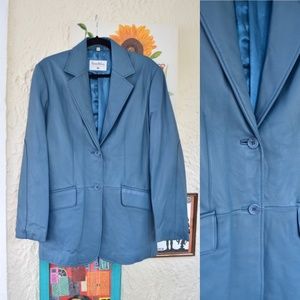 90s muted blue gray leather blazer jacket (M)